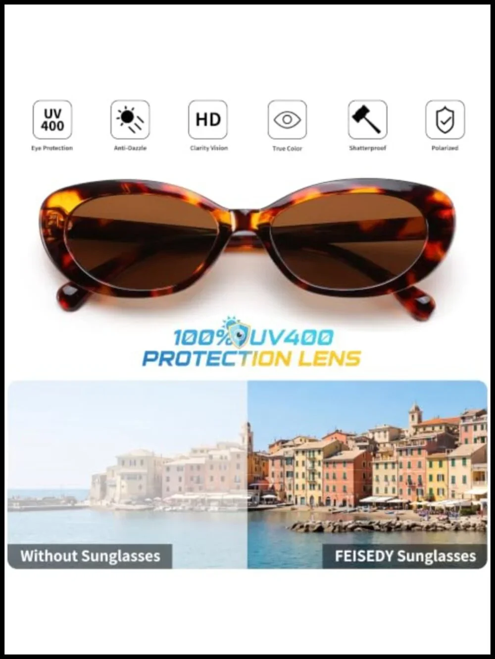 Retro Oval Cat Eye Sunglasses UV400 Protection Lightweight Plastic Frame